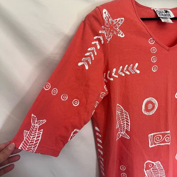 COPA CABANA 3/4 Sleeve Fish Print Womens Top Size Large Coral Orange Beachy USA - Picture 3 of 9